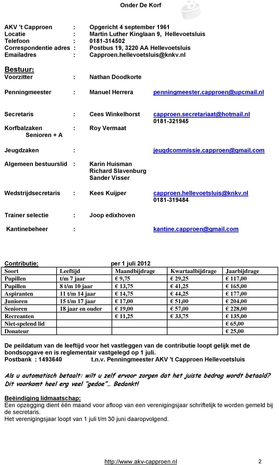 nl 0181-321945 Korfbalzaken : Roy Vermaat Senioren + A Jeugdzaken : jeugdcommissie.capproen@gmail.