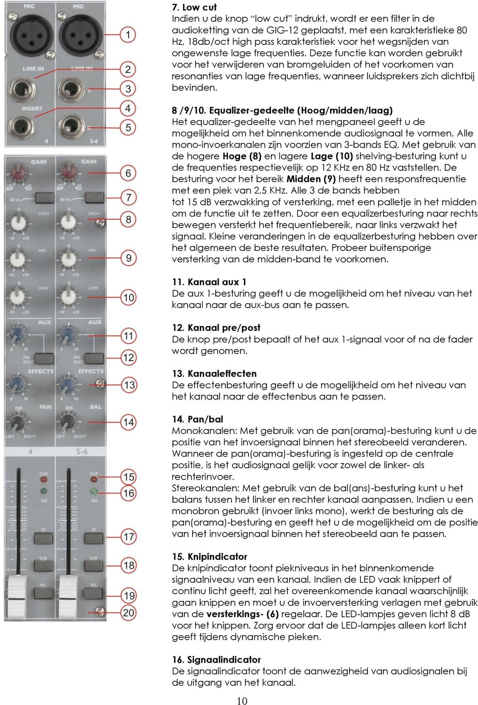 8 /9/10. Equalizer-gedeelte (Hoog/midden/laag) Het equalizer-gedeelte van het mengpaneel geeft u de mogelijkheid om het binnenkomende audiosignaal te vormen.