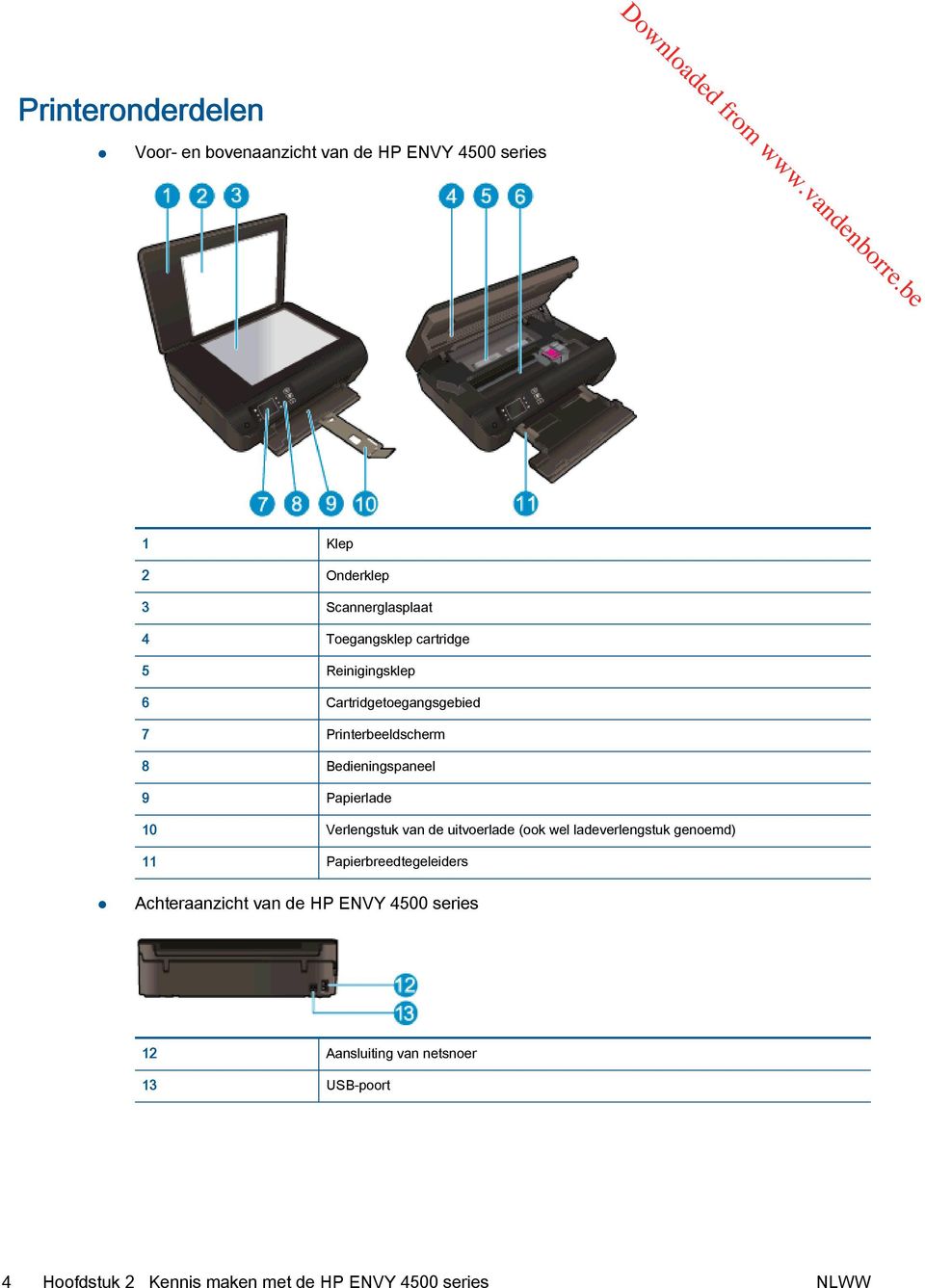 Papierlade 10 Verlengstuk van de uitvoerlade (ook wel ladeverlengstuk genoemd) 11 Papierbreedtegeleiders