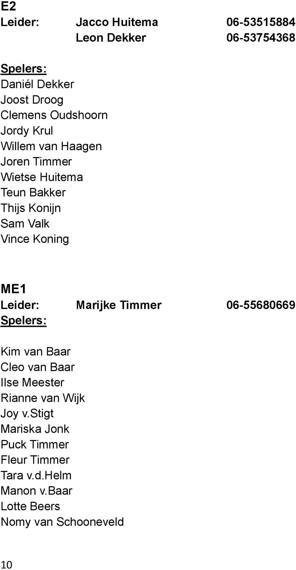 Koning ME1 Leider: Marijke Timmer 06-55680669 Spelers: Kim van Baar Cleo van Baar Ilse Meester Rianne van