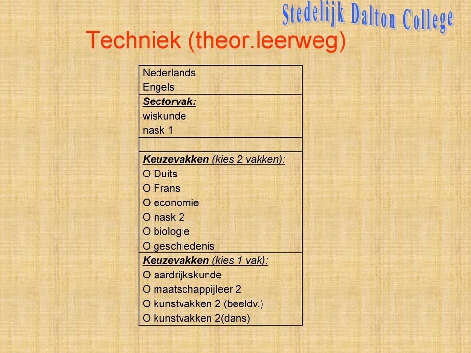 (kies 2 vakken): O Duits O Frans O economie O nask 2 O biologie O