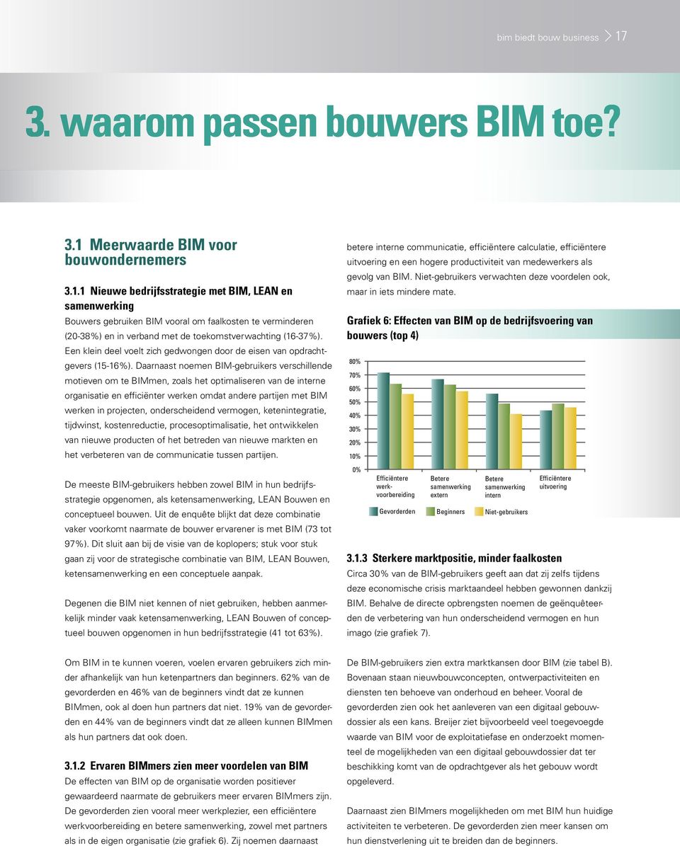 Daarnaast noemen BIM-gebruikers verschillende motieven om te BIMmen, zoals het optimaliseren van de interne organisatie en efficiënter werken omdat andere partijen met BIM werken in projecten,