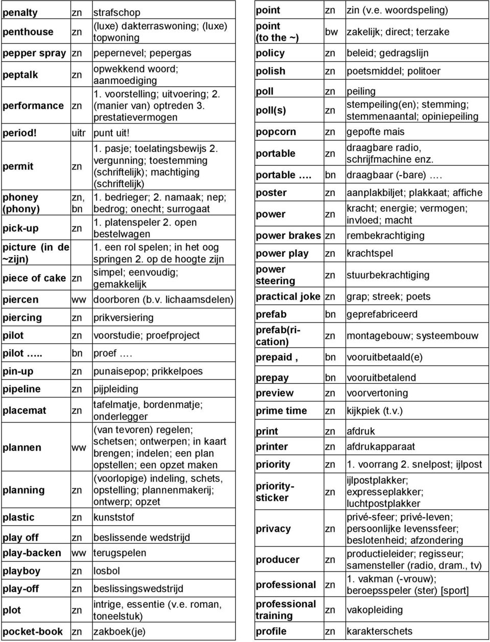 pasje; toelatingsbewijs 2. vergunning; toestemming (schriftelijk); machtiging (schriftelijk) 1. bedrieger; 2. namaak; nep; bedrog; onecht; surrogaat 1. platenspeler 2. open bestelwagen 1.