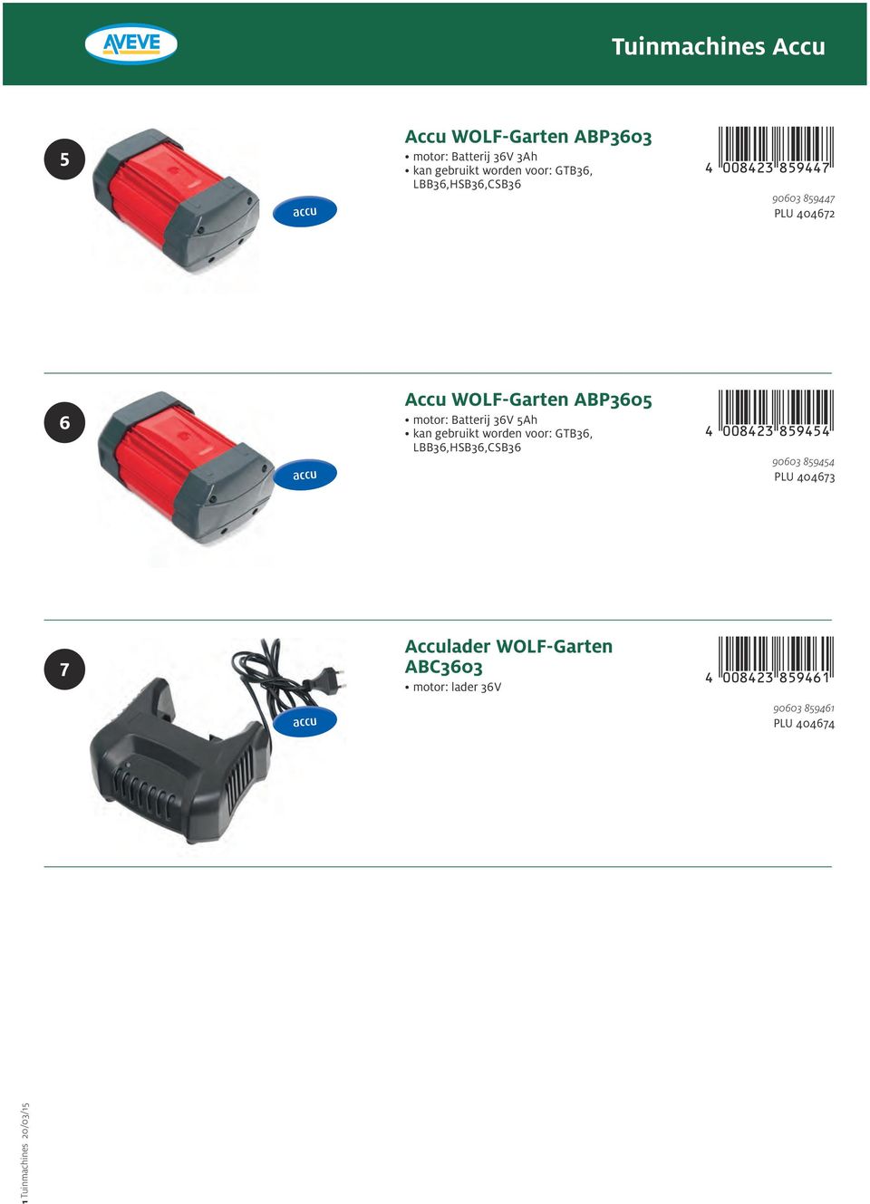 90603 859447 PLU 404672 6 Accu WOLF-Garten ABP3605 motor: Batterij 36V 5Ah kan gebruikt worden voor: