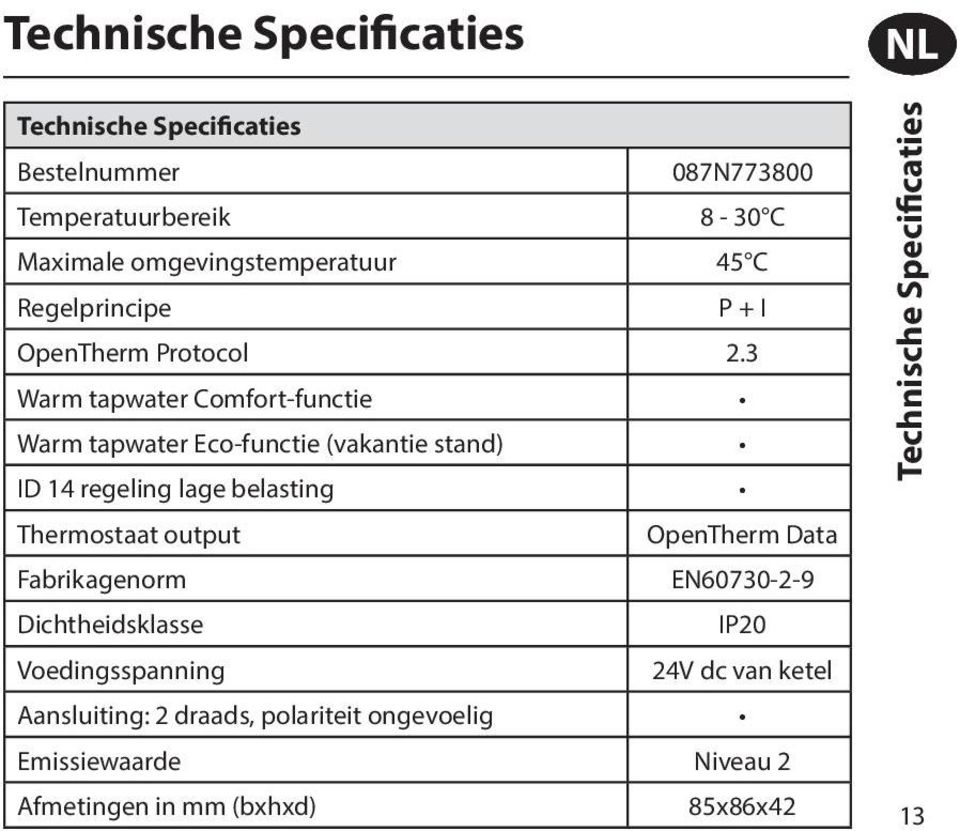 3 Warm tapwater Comfort-functie Warm tapwater Eco-functie (vakantie stand) ID 14 regeling lage belasting Thermostaat output