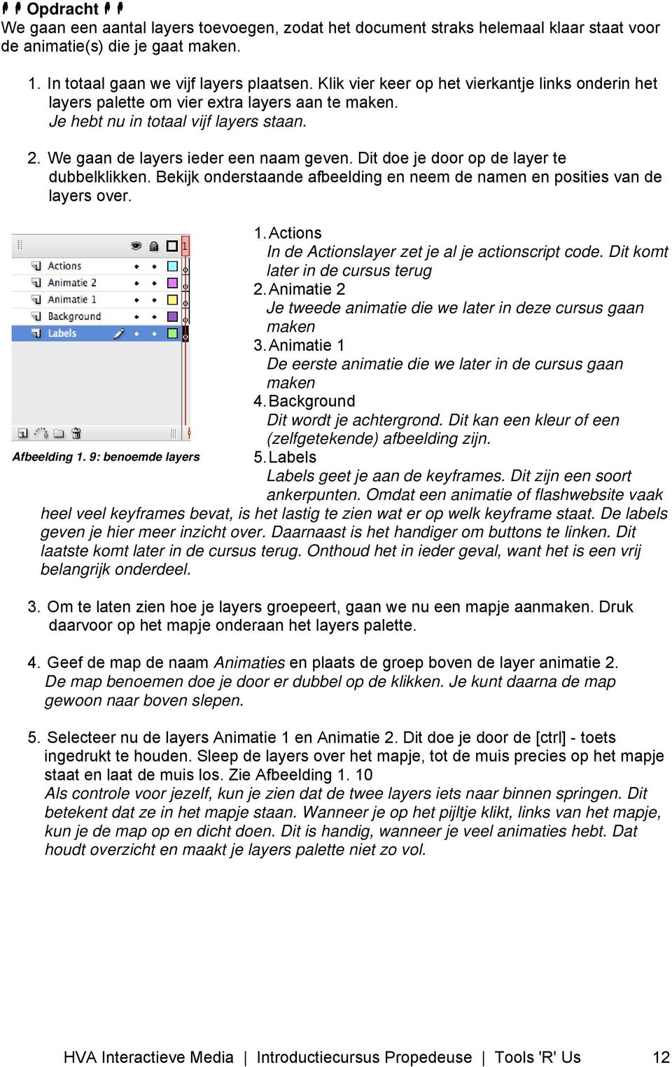 Dit doe je door op de layer te dubbelklikken. Bekijk onderstaande afbeelding en neem de namen en posities van de layers over. 1. Actions In de Actionslayer zet je al je actionscript code.