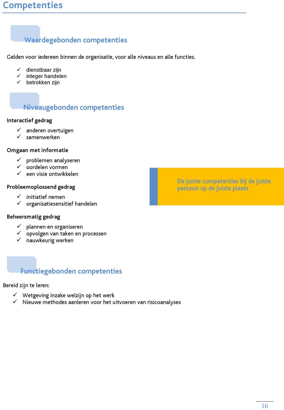 vormen een visie ontwikkelen Probleemoplossend gedrag initiatief nemen organisatiesensitief handelen De juiste competenties bij de juiste persoon op de juiste plaats