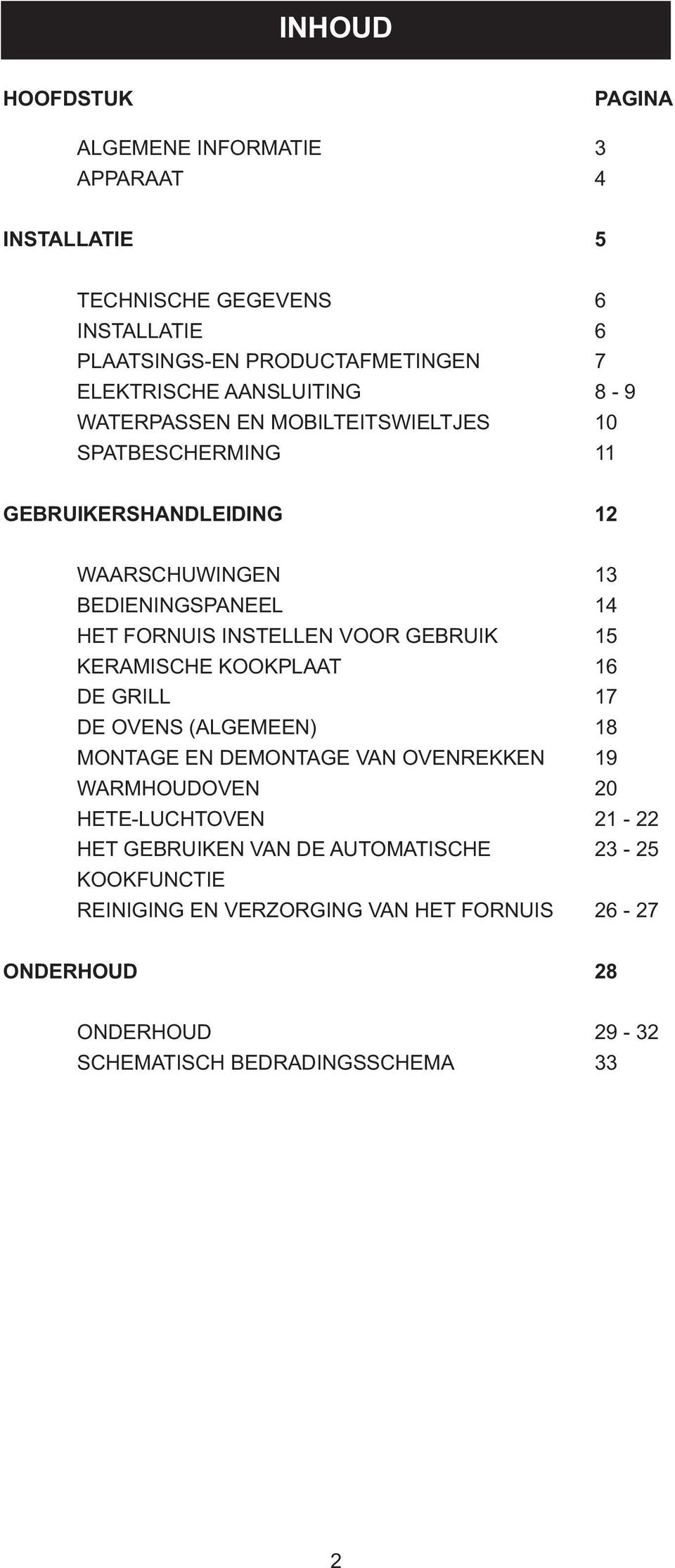 INSTELLEN VOOR GEBRUIK 15 KERAMISCHE KOOKPLAAT 16 DE GRILL 17 DE OVENS (ALGEMEEN) 18 MONTAGE EN DEMONTAGE VAN OVENREKKEN 19 WARMHOUDOVEN 20 HETE-LUCHTOVEN