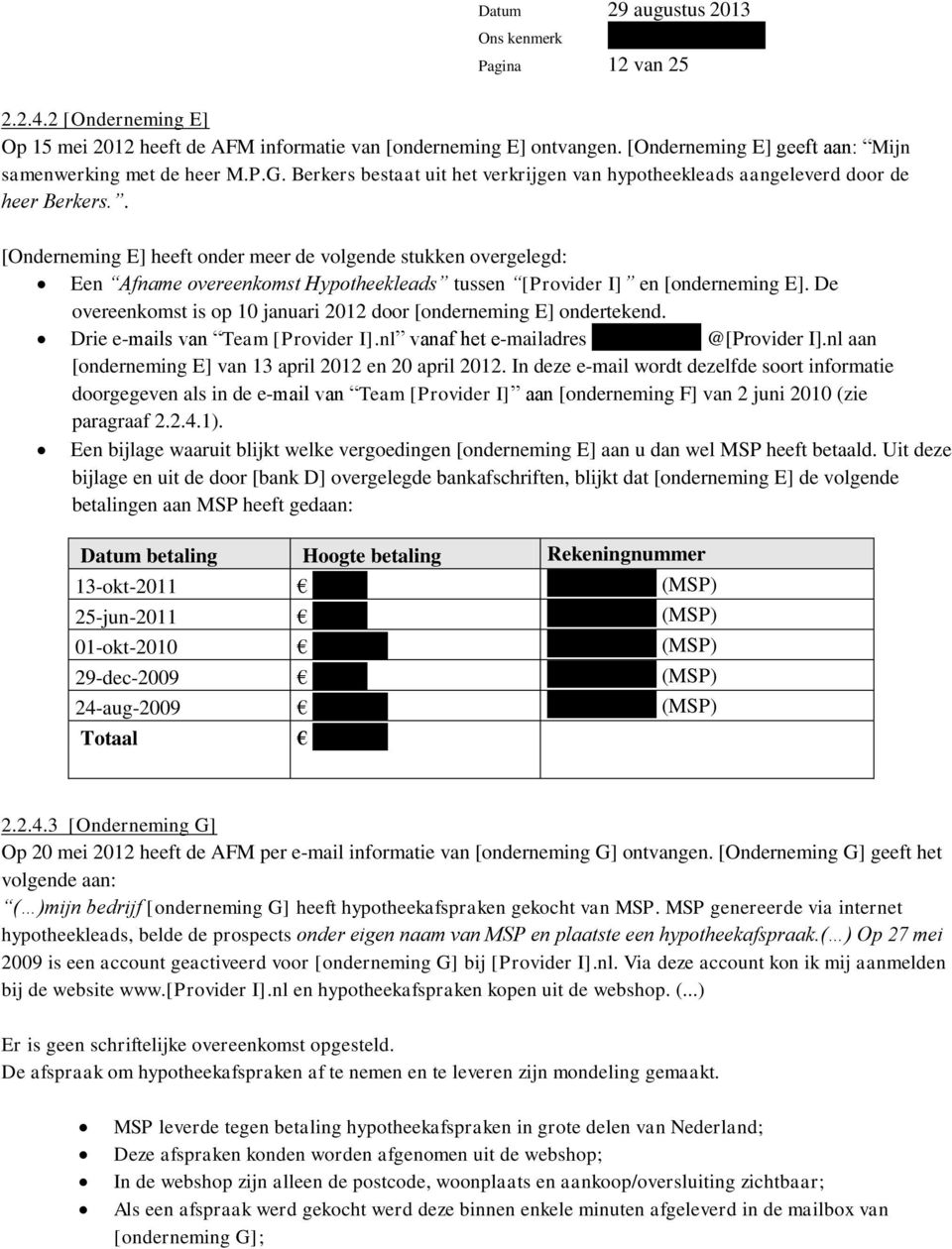 . [Onderneming E] heeft onder meer de volgende stukken overgelegd: Een Afname overeenkomst Hypotheekleads tussen [Provider I] en [onderneming E].