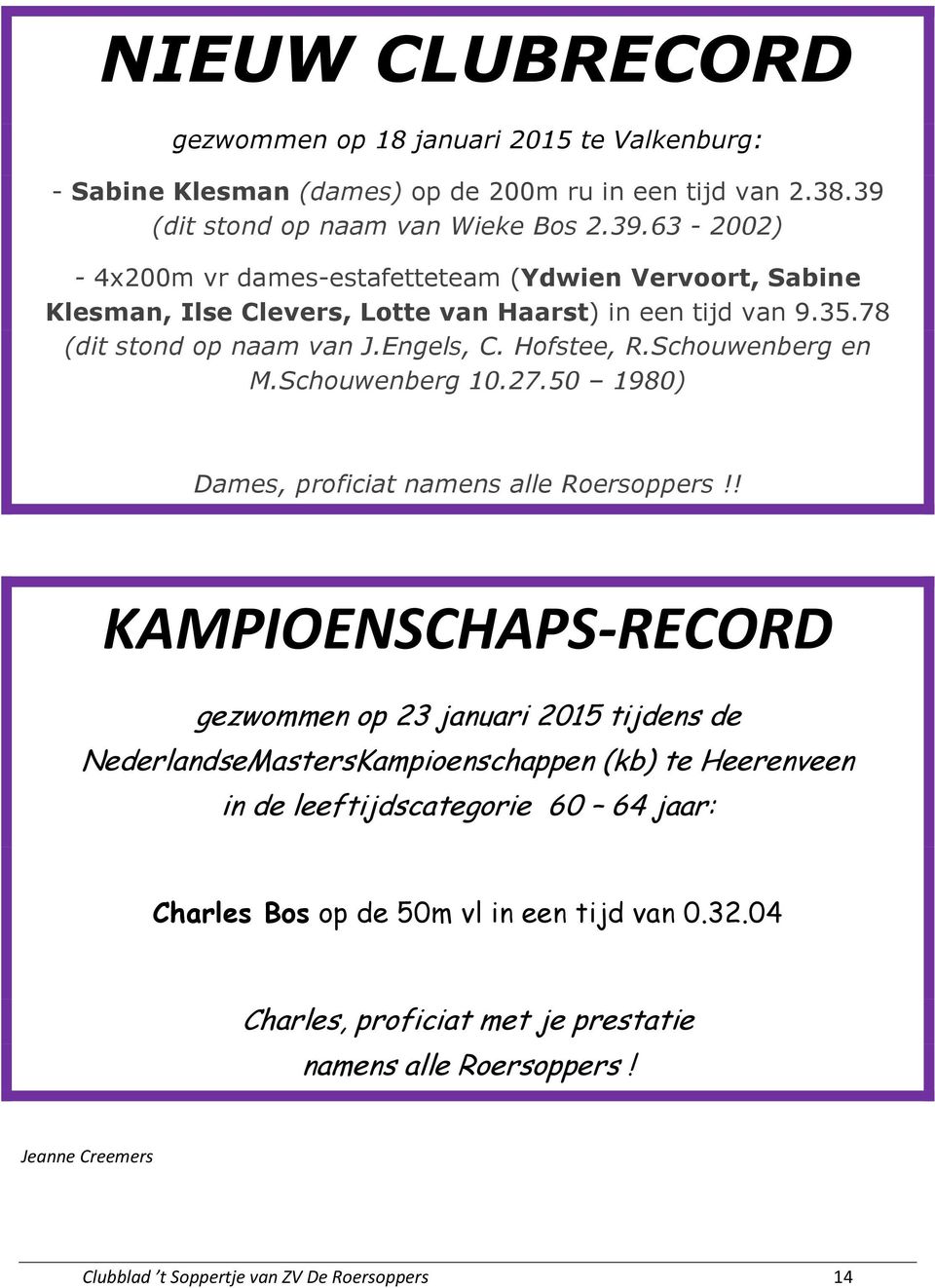 78 (dit stond op naam van J.Engels, C. Hofstee, R.Schouwenberg en M.Schouwenberg 10.27.50 1980) Dames, proficiat namens alle Roersoppers!