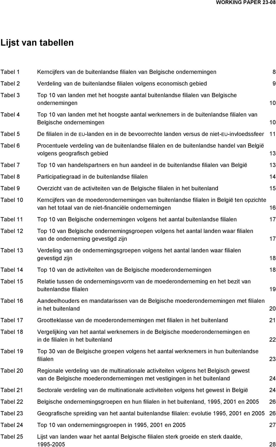 5 De filialen in de EU-landen en in de bevoorrechte landen versus de niet-eu-invloedssfeer 11 Tabel 6 Procentuele verdeling van de buitenlandse filialen en de buitenlandse handel van België volgens