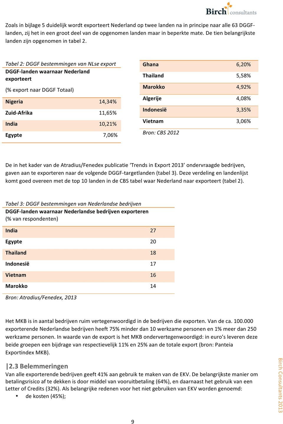 Tabel 2: DGGF bestemmingen van NLse export DGGF- landen waarnaar Nederland exporteert (% export naar DGGF Totaal) Nigeria Zuid- Afrika India Egypte 14,34% 11,65% 10,21% 7,06% Ghana Thailand Marokko