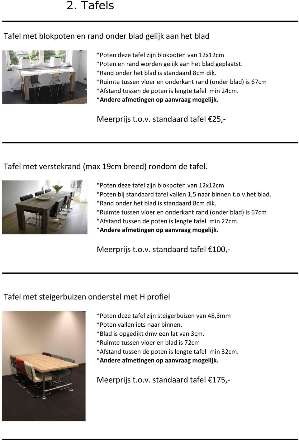 *Poten deze tafel zijn blokpoten van 12x12cm *Poten bij standaard tafel vallen 1,5 naar binnen t.o.v.het blad. *Rand onder het blad is standaard 8cm dik.