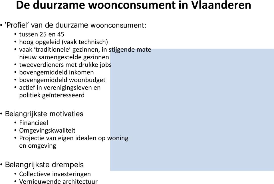 bovengemiddeld woonbudget actief in verenigingsleven en politiek geïnteresseerd Belangrijkste motivaties Financieel