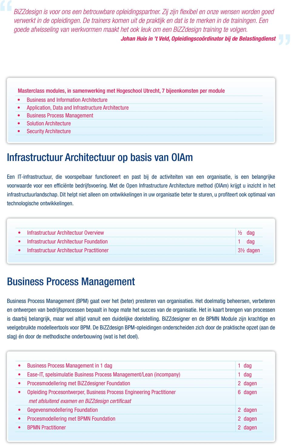 Johan Huis in t Veld, Opleidingscoördinator bij de Belastingdienst Masterclass modules, in samenwerking met Hogeschool Utrecht, 7 bijeenkomsten per module Business and Information Architecture