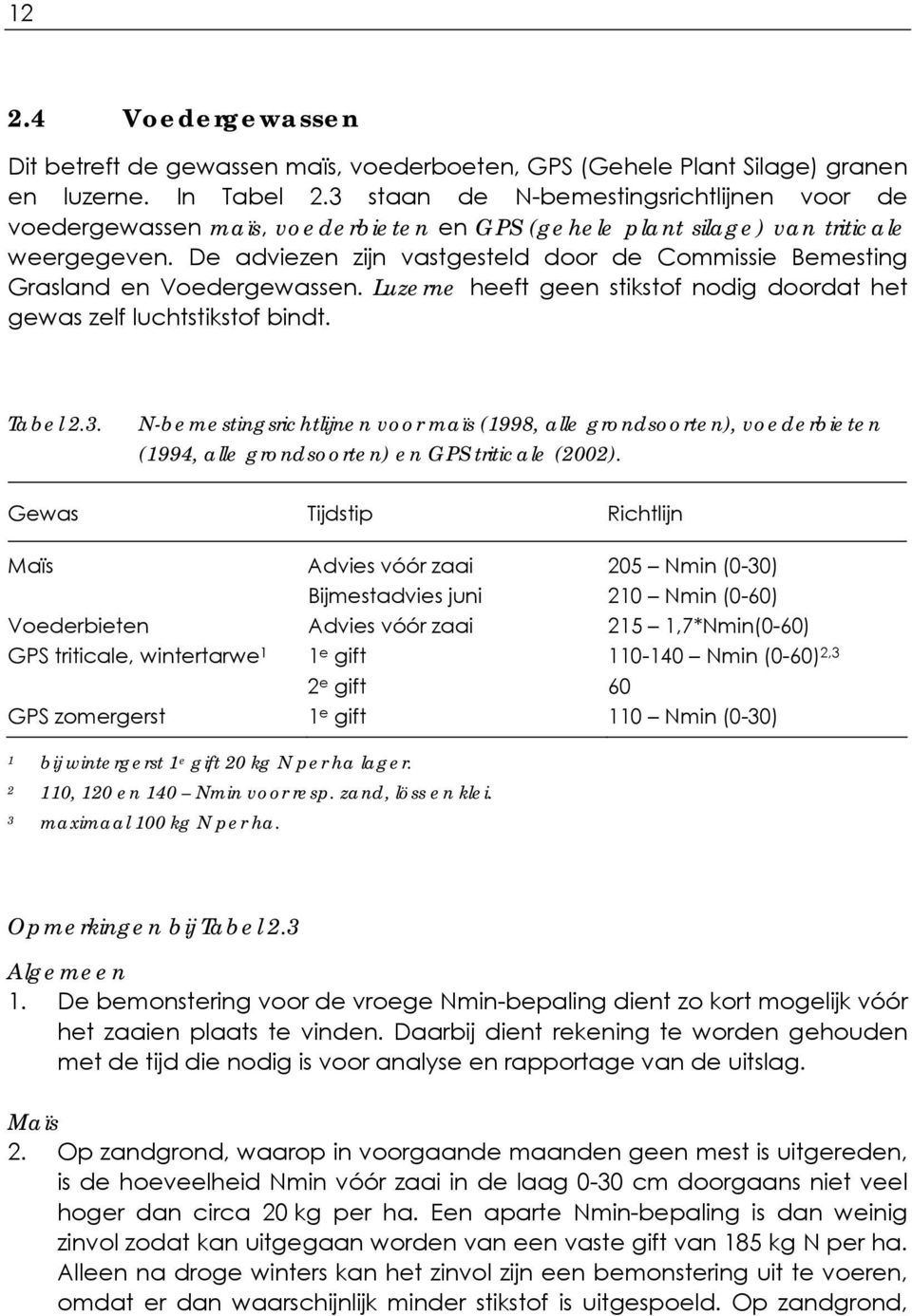 De adviezen zijn vastgesteld door de Commissie Bemesting Grasland en Voedergewassen. Luzerne heeft geen stikstof nodig doordat het gewas zelf luchtstikstof bindt. Tabel 2.3.
