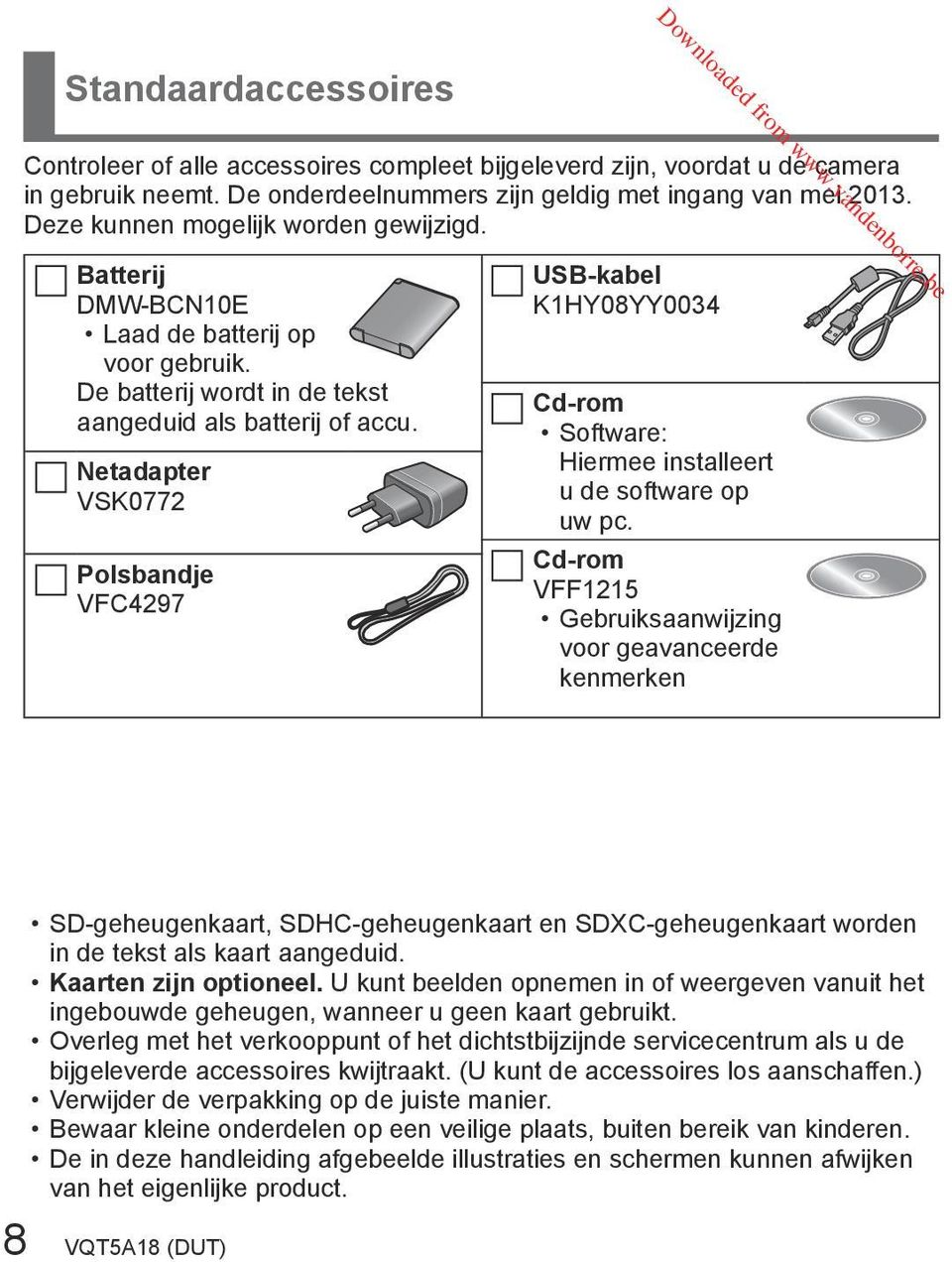 Netadapter VSK0772 Polsbandje VFC4297 USB-kabel K1HY08YY0034 Cd-rom Software: Hiermee installeert u de software op uw pc.