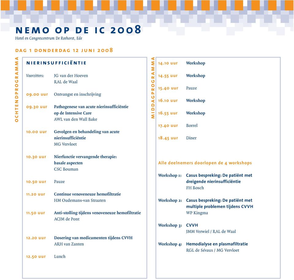 00 uur Gevolgen en behandeling van acute nierinsufficiëntie MG Vervloet m i d dagprogramma 14.10 uur Workshop 14.55 uur Workshop 15.40 uur Pauze 16.10 uur Workshop 16.55 uur Workshop 17.