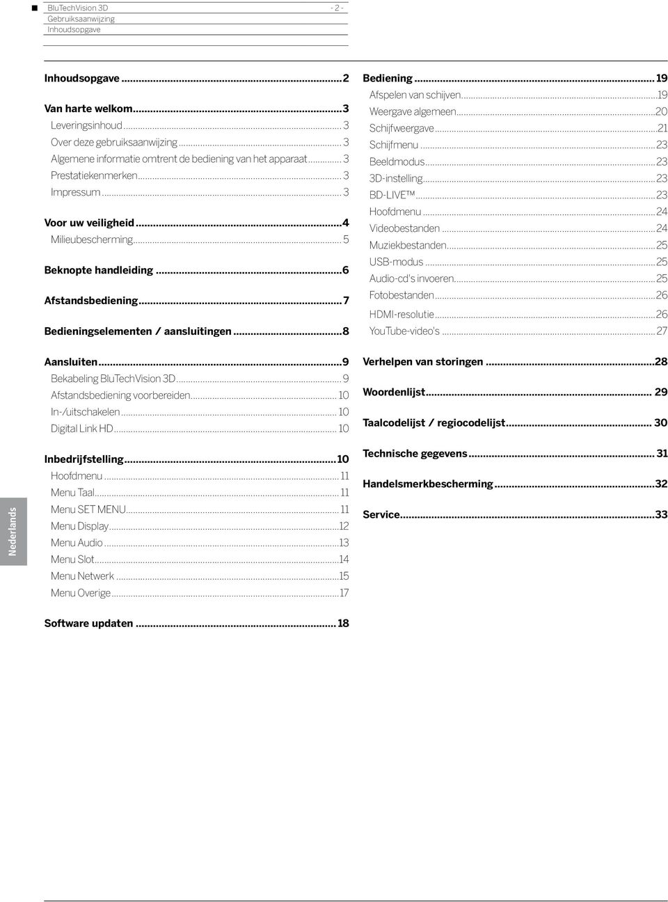 .. 7 Bedieningselementen / aansluitingen...8 Aansluiten...9 Bekabeling BluTechVision 3D... 9 Afstandsbediening voorbereiden... 10 In-/uitschakelen... 10 Digital Link HD... 10 Inbedrijfstelling.