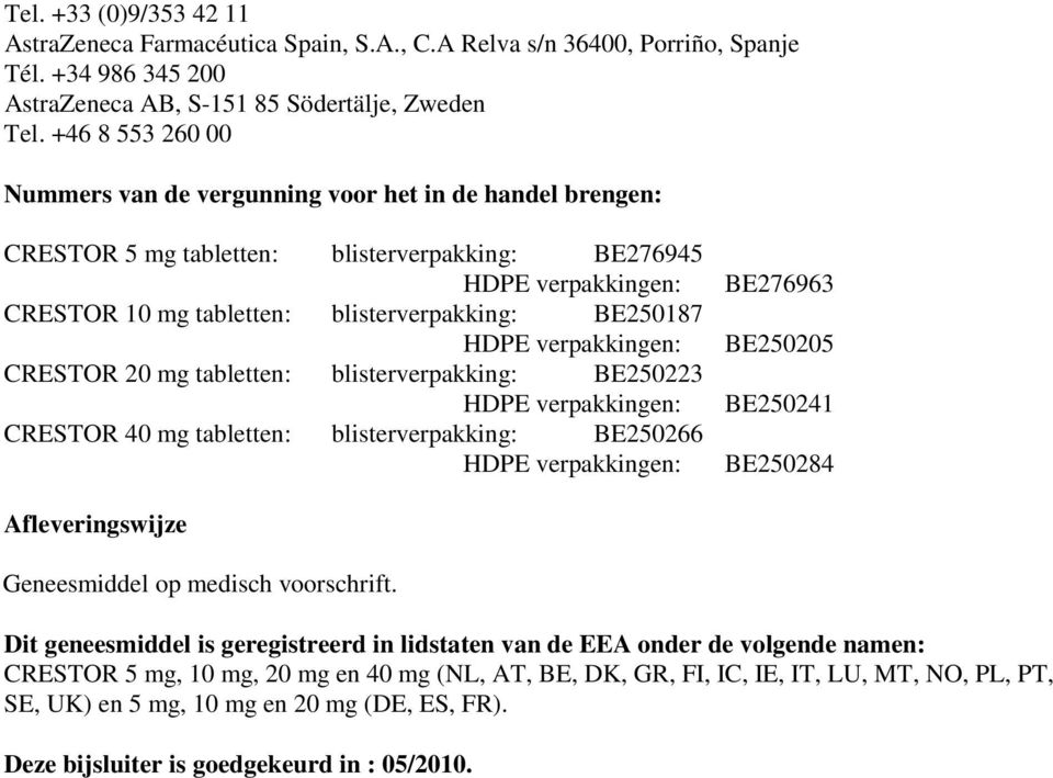 HDPE verpakkingen: CRESTOR 20 mg tabletten: blisterverpakking: BE250223 HDPE verpakkingen: CRESTOR 40 mg tabletten: blisterverpakking: BE250266 HDPE verpakkingen: BE276963 BE250205 BE250241 BE250284