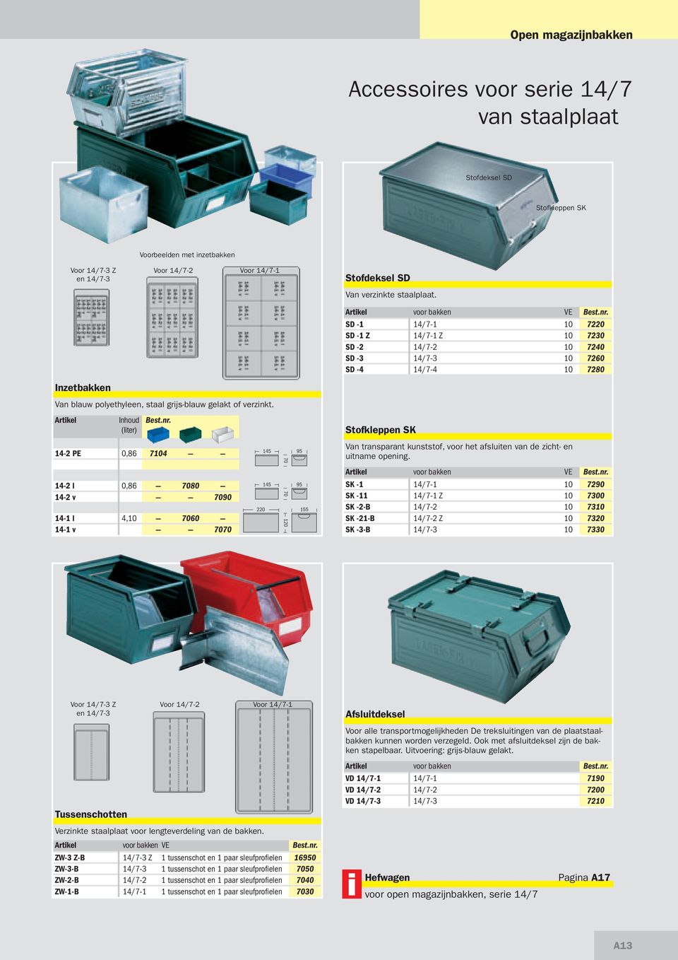 voor bakken VE SD -1 14/7-1 10 7220 SD -1 Z 14/7-1 Z 10 7230 SD -2 14/7-2 10 7240 SD -3 14/7-3 10 7260 SD -4 14/7-4 10 7280 Inzetbakken Van blauw polyethyleen, staal grijs-blauw gelakt of verzinkt.