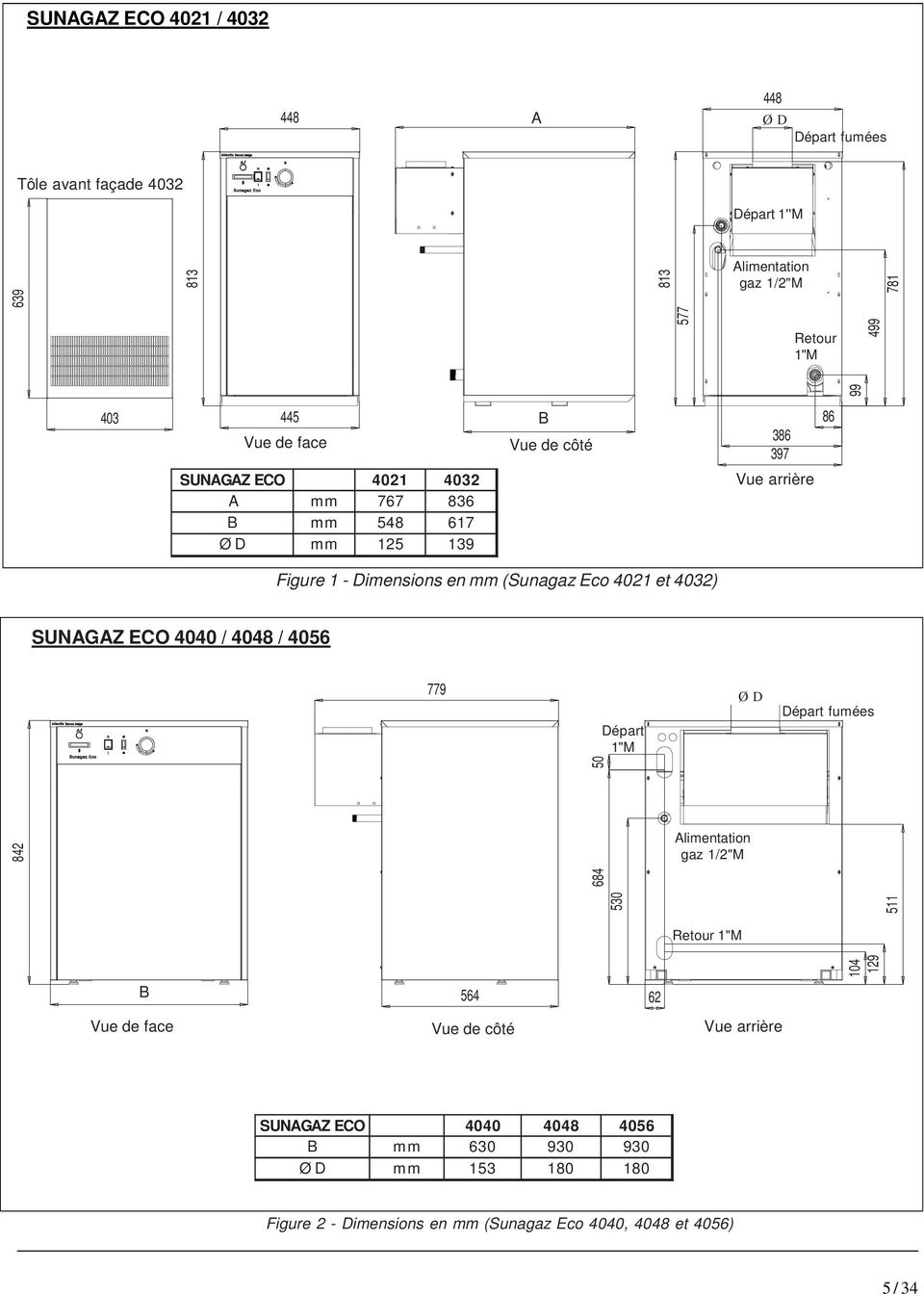 mm (Sunagaz Eco 40 et 403) SUNAGAZ ECO 4040 / 4048 / 4056 779 Départ "M ØD Départ fumées 530 84 5 684 50 Alimentation gaz /"M Retour "M * B630 564 6 Vue de