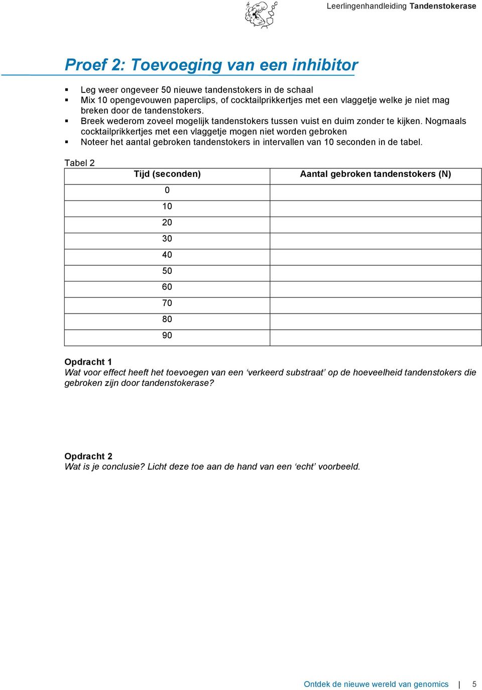 Nogmaals cocktailprikkertjes met een vlaggetje mogen niet worden gebroken Noteer het aantal gebroken tandenstokers in intervallen van 10 seconden in de tabel.