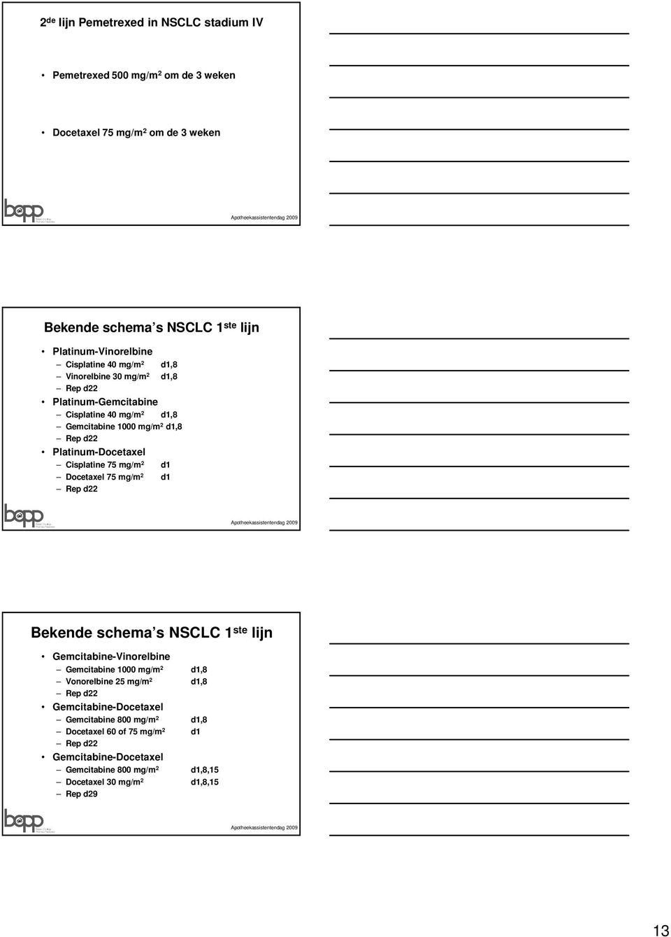 Cisplatine 75 mg/m 2 d1 Docetaxel 75 mg/m 2 d1 Rep d22 Bekende schema s NSCLC 1 ste lijn Gemcitabine-Vinorelbine Gemcitabine 1000 mg/m 2 d1,8 Vonorelbine 25 mg/m 2 d1,8