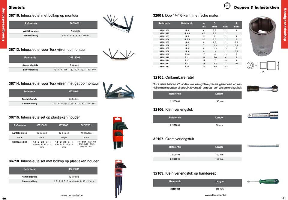 Dop 1/4 6-kant, metrische maten A D d Doppen & hulpstukken P 32001002 R.4 4 6,8 12 4 32001025 R.4,5 4,5 7,3 12 32001003 R.5 5 8 12 4 32001004 R.5,5 5,5 8,6 12 5 32001005 R.6 6 9,3 12 5,5 32001006 R.