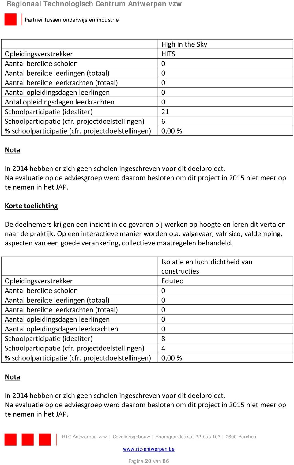 Na evaluatie op de adviesgroep werd daarom besloten om dit project in 2015 niet meer op te nemen in het JAP.