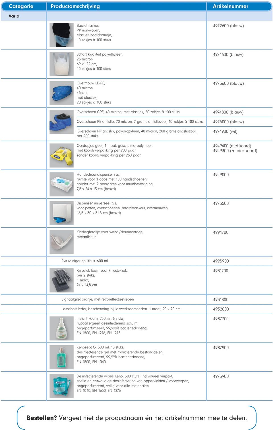 micron, 7 grams antislipzool, 10 zakjes à 100 stuks Overschoen PP antislip, polypropyleen, 40 micron, 200 grams antislipzool, per 200 stuks Oordopjes geel, 1 maat, geschuimd polymeer, met koord: