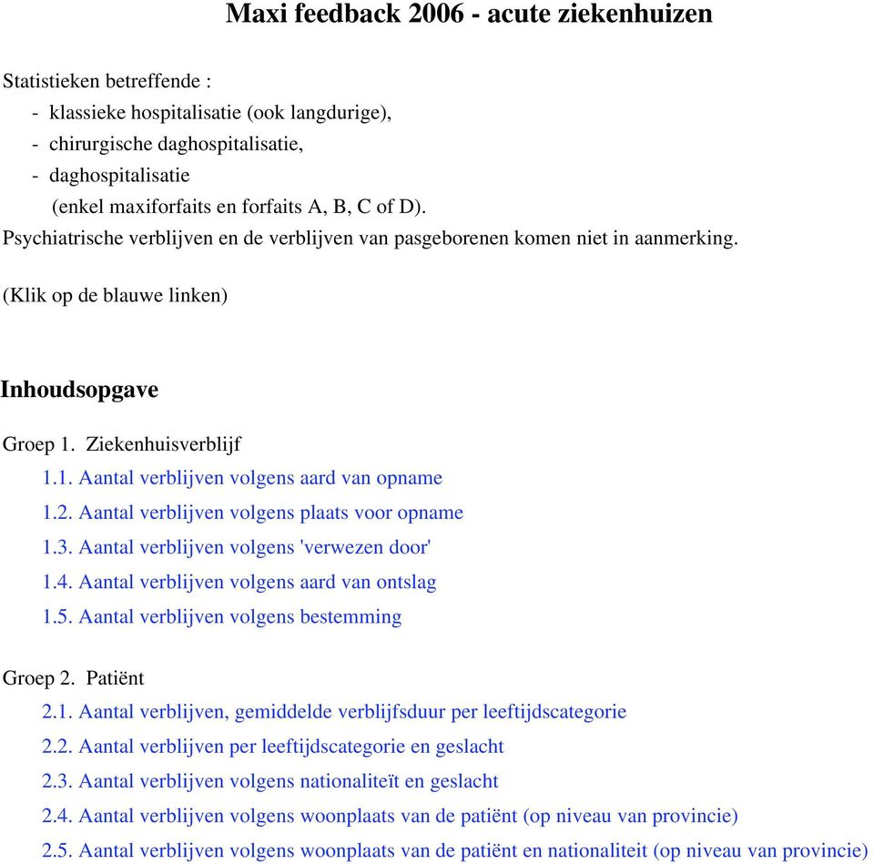 volgens plaats voor opname 1.3. volgens 'verwezen door' 1.4. volgens aard van ontslag 1.5. volgens bestemming Groep 2. Patiënt 2.1., gemiddelde verblijfsduur per leeftijdscategorie 2.2. per leeftijdscategorie en geslacht 2.