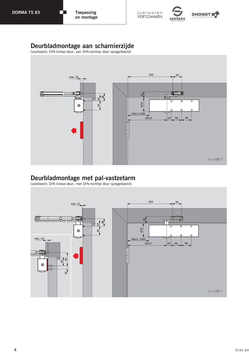 15 222 15 67,5 31 106,5 (102) 193,5 22 50 50 Deurbladmontage met pal-vastzetarm