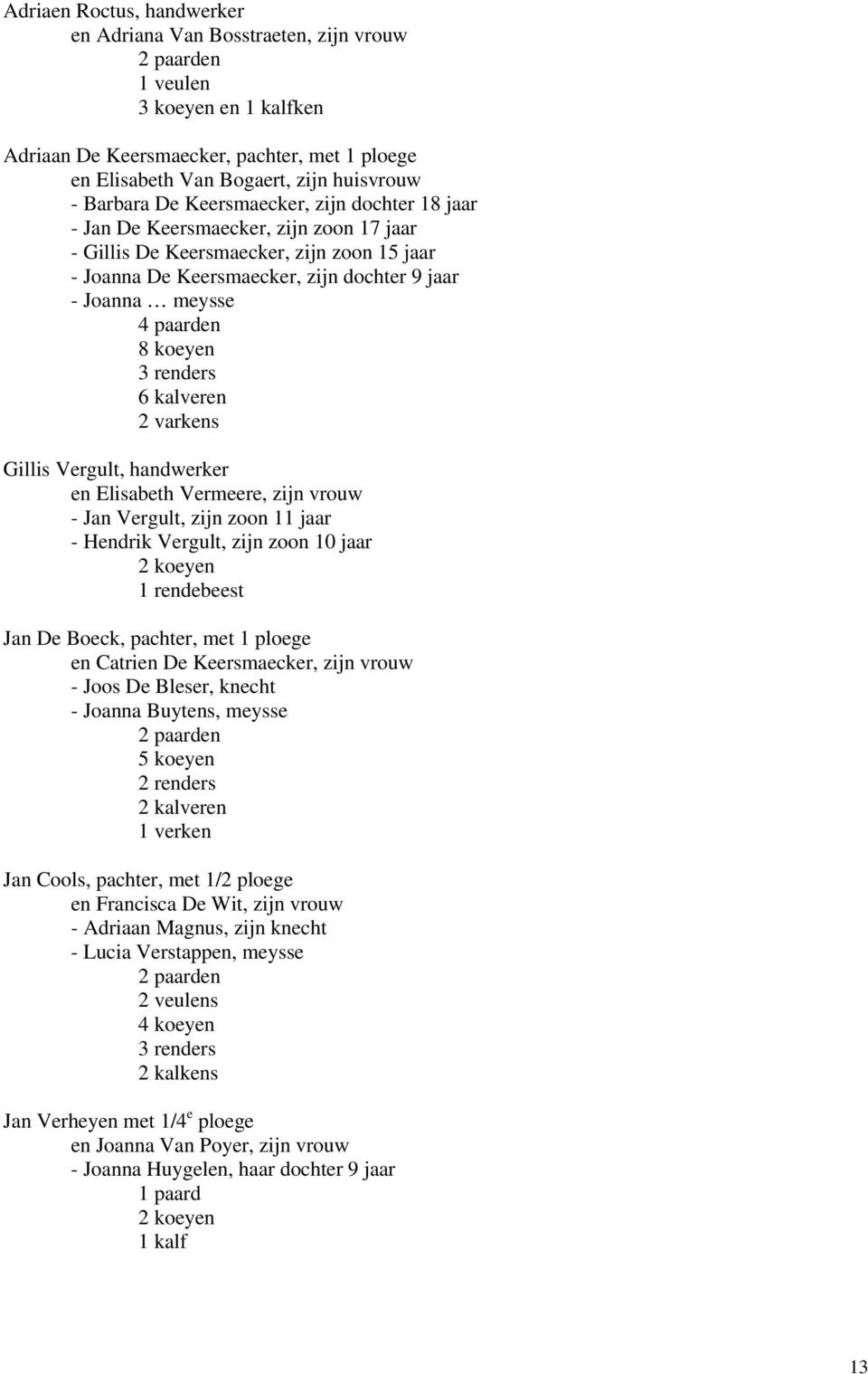 koeyen 3 renders 6 kalveren 2 varkens Gillis Vergult, handwerker en Elisabeth Vermeere, zijn vrouw - Jan Vergult, zijn zoon 11 jaar - Hendrik Vergult, zijn zoon 10 jaar 1 rendebeest Jan De Boeck,