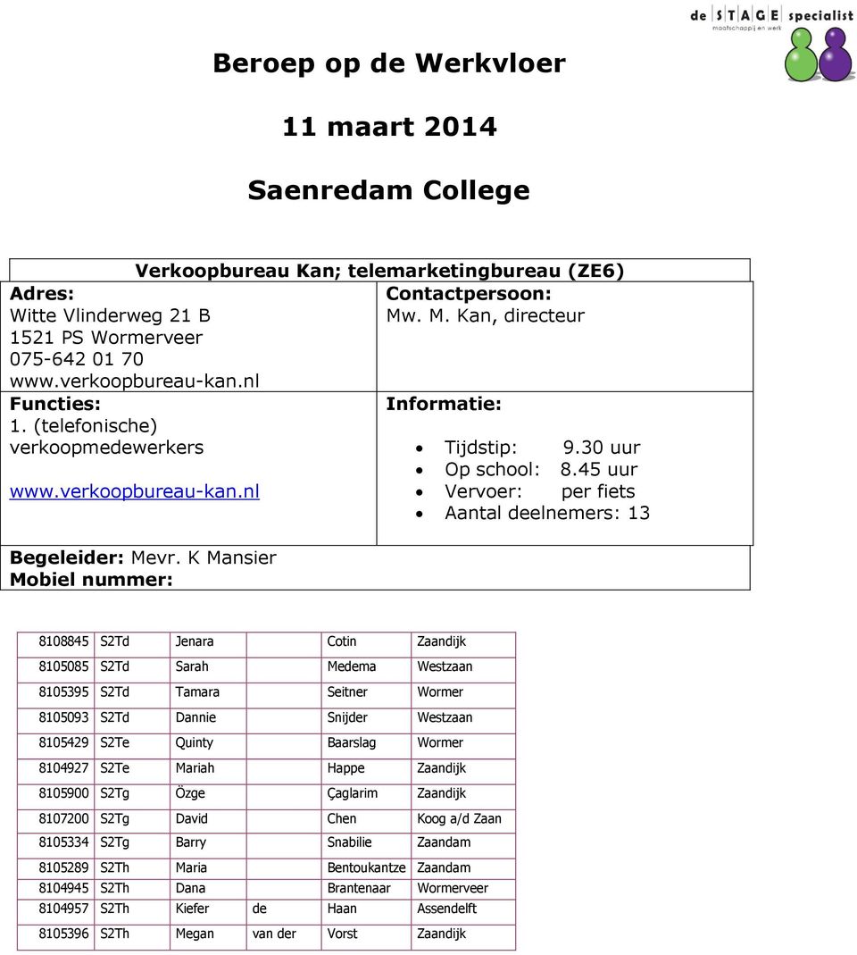 K Mansier 8108845 S2Td Jenara Cotin Zaandijk 8105085 S2Td Sarah Medema Westzaan 8105395 S2Td Tamara Seitner Wormer 8105093 S2Td Dannie Snijder Westzaan 8105429 S2Te Quinty Baarslag Wormer 8104927