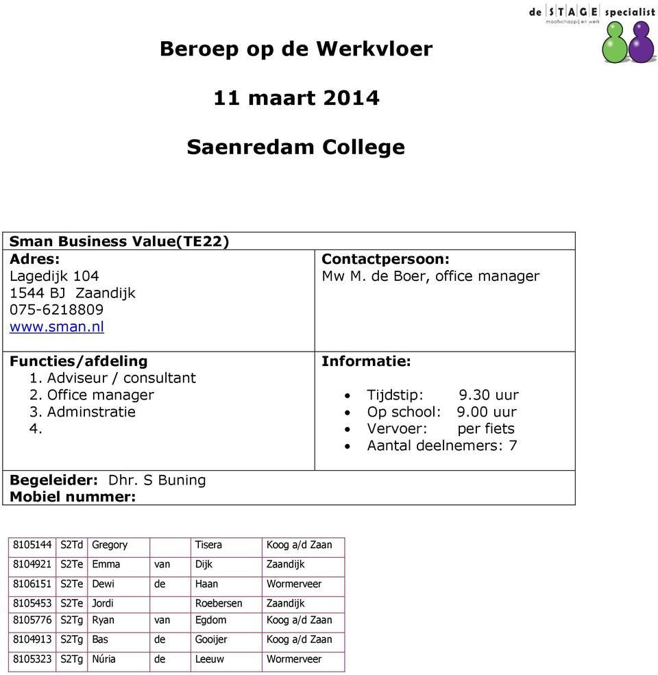 00 uur Aantal deelnemers: 7 Begeleider: Dhr.