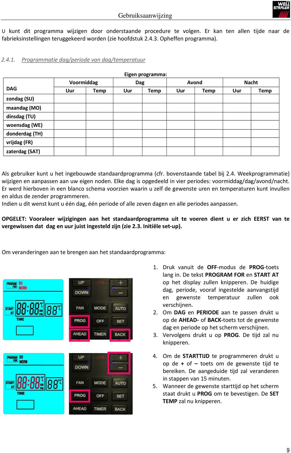 Uur Temp Uur Temp Uur Temp Als gebruiker kunt u het ingebouwde standaardprogramma (cfr. bovenstaande tabel bij 2.4. Weekprogrammatie) wijzigen en aanpassen aan uw eigen noden.