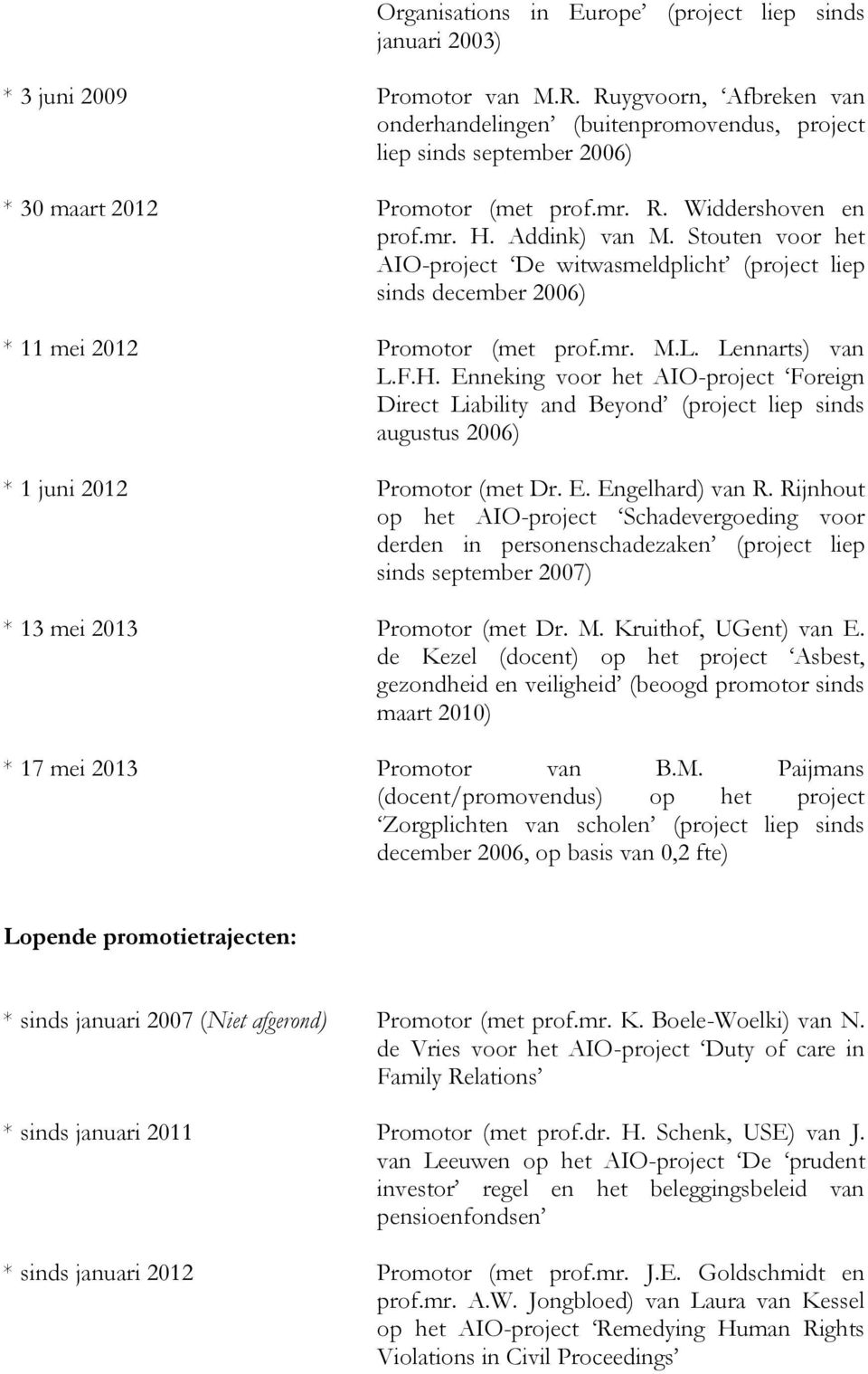 Stouten voor het AIO-project De witwasmeldplicht (project liep sinds december 2006) * 11 mei 2012 Promotor (met prof.mr. M.L. Lennarts) van L.F.H.