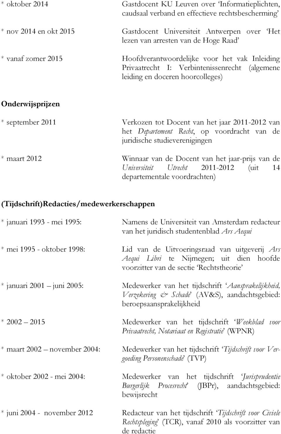 tot Docent van het jaar 2011-2012 van het Departement Recht, op voordracht van de juridische studieverenigingen * maart 2012 Winnaar van de Docent van het jaar-prijs van de Universiteit Utrecht