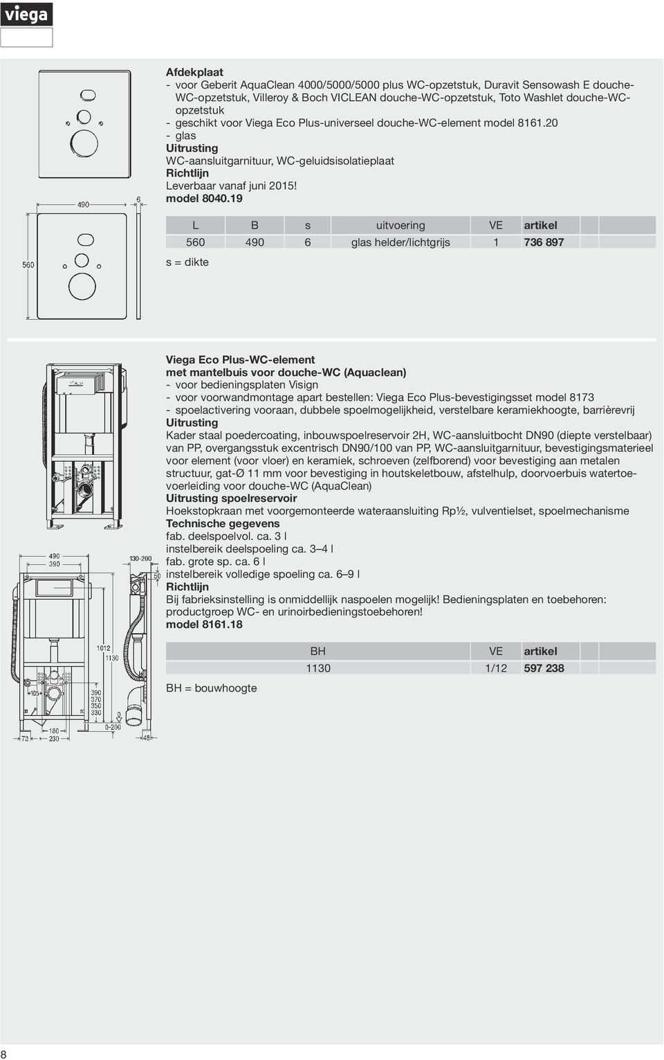 19 L B s uitvoering VE artikel 560 490 6 glas helder/lichtgrijs 1 736 897 s = dikte Viega Eco Plus- WC-element met mantelbuis voor douche-wc (Aquaclean) voor bedieningsplaten Visign spoelactivering