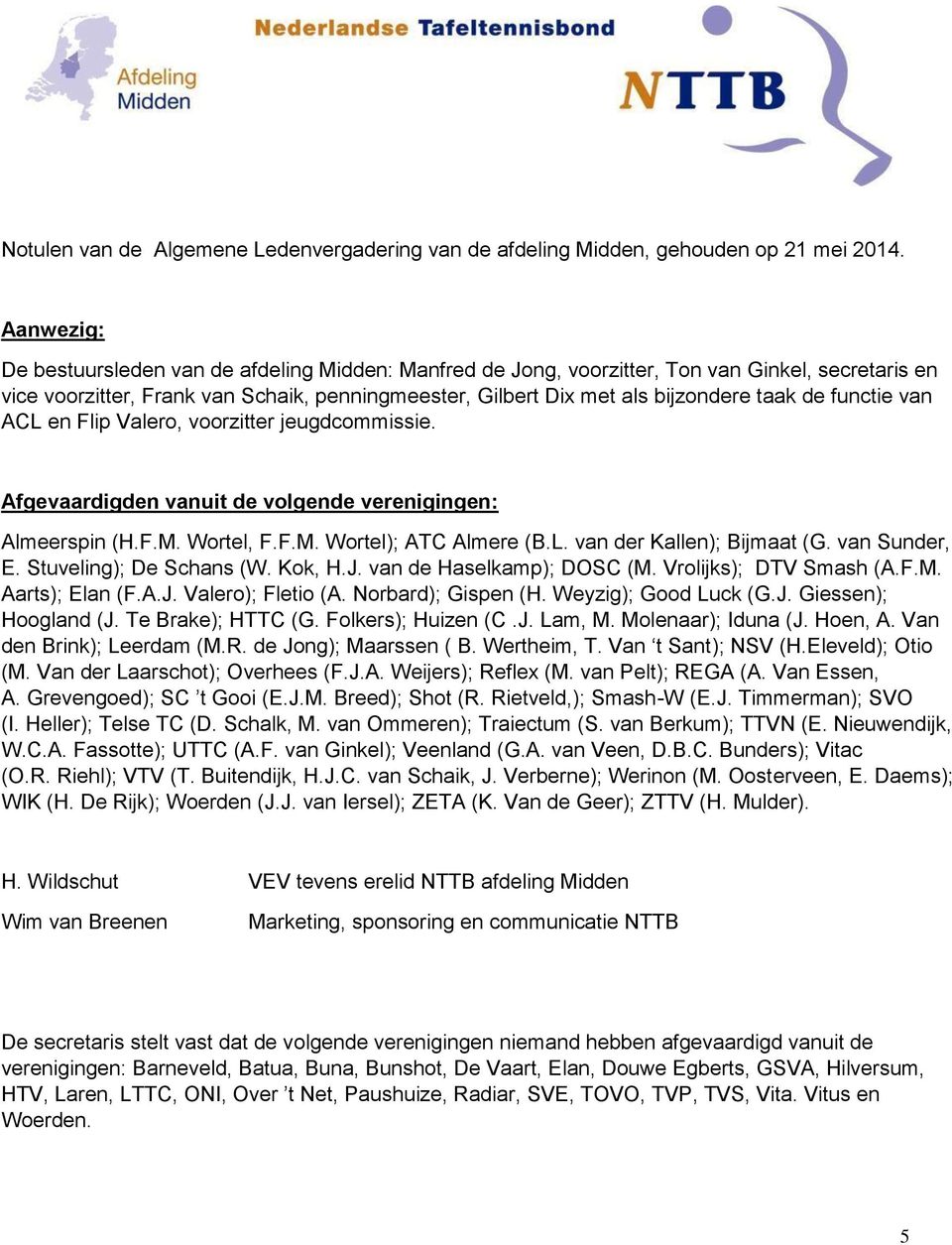 functie van ACL en Flip Valero, voorzitter jeugdcommissie. Afgevaardigden vanuit de volgende verenigingen: Almeerspin (H.F.M. Wortel, F.F.M. Wortel); ATC Almere (B.L. van der Kallen); Bijmaat (G.