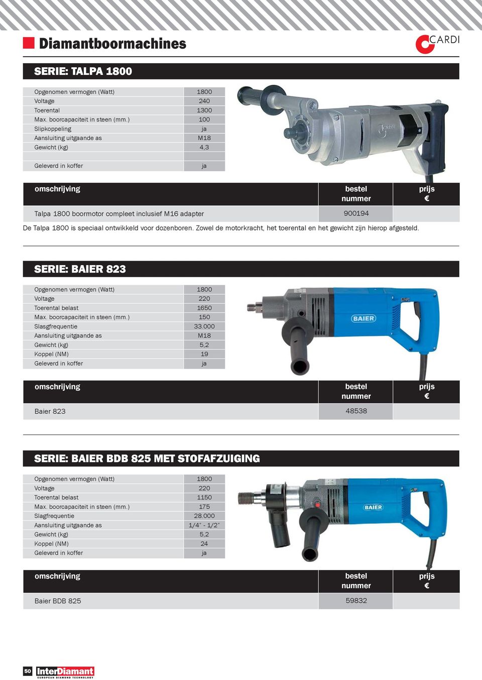 Zowel de motorkracht, het toerental en het gewicht zijn hierop afgesteld. SERIE: BAIER 823 Voltage 220 Toerental belast 1650 Max. boorcapaciteit in steen (mm.) 150 Slasgfrequentie 33.