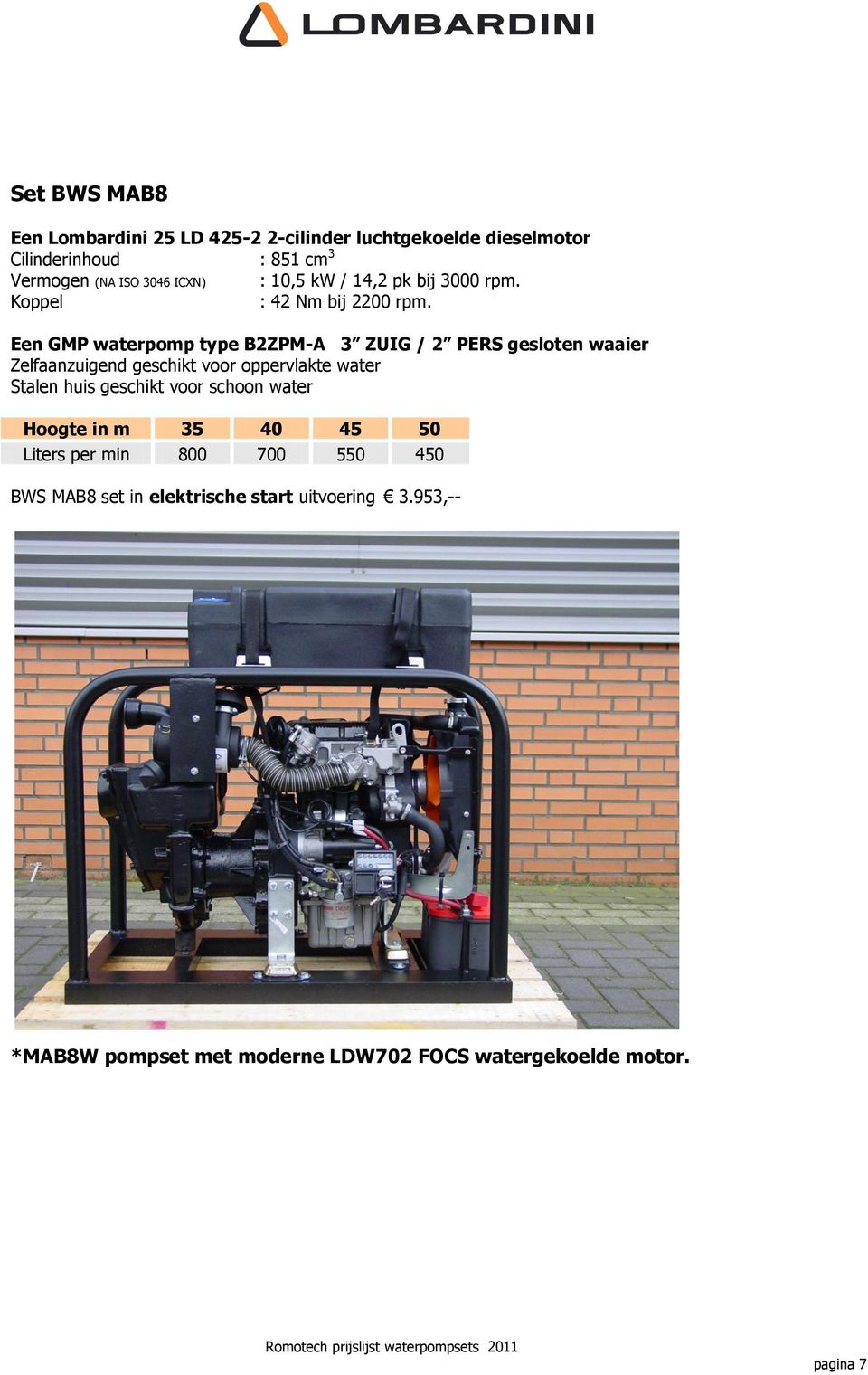 Een GMP waterpomp type B2ZPM-A 3 ZUIG / 2 PERS gesloten waaier Hoogte in m 35 40 45 50 Liters per