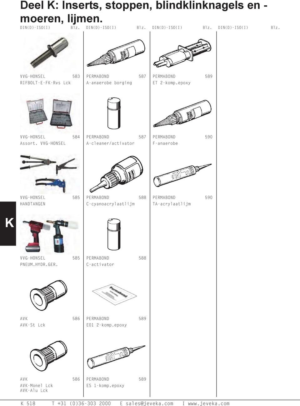 VVG-HONSEL PERMABOND 587 A-cleaner/activator PERMABOND 590 F-anaerobe VVG-HONSEL 585 HANDTANGEN PERMABOND 588 C-cyanoacrylaatlijm PERMABOND 590