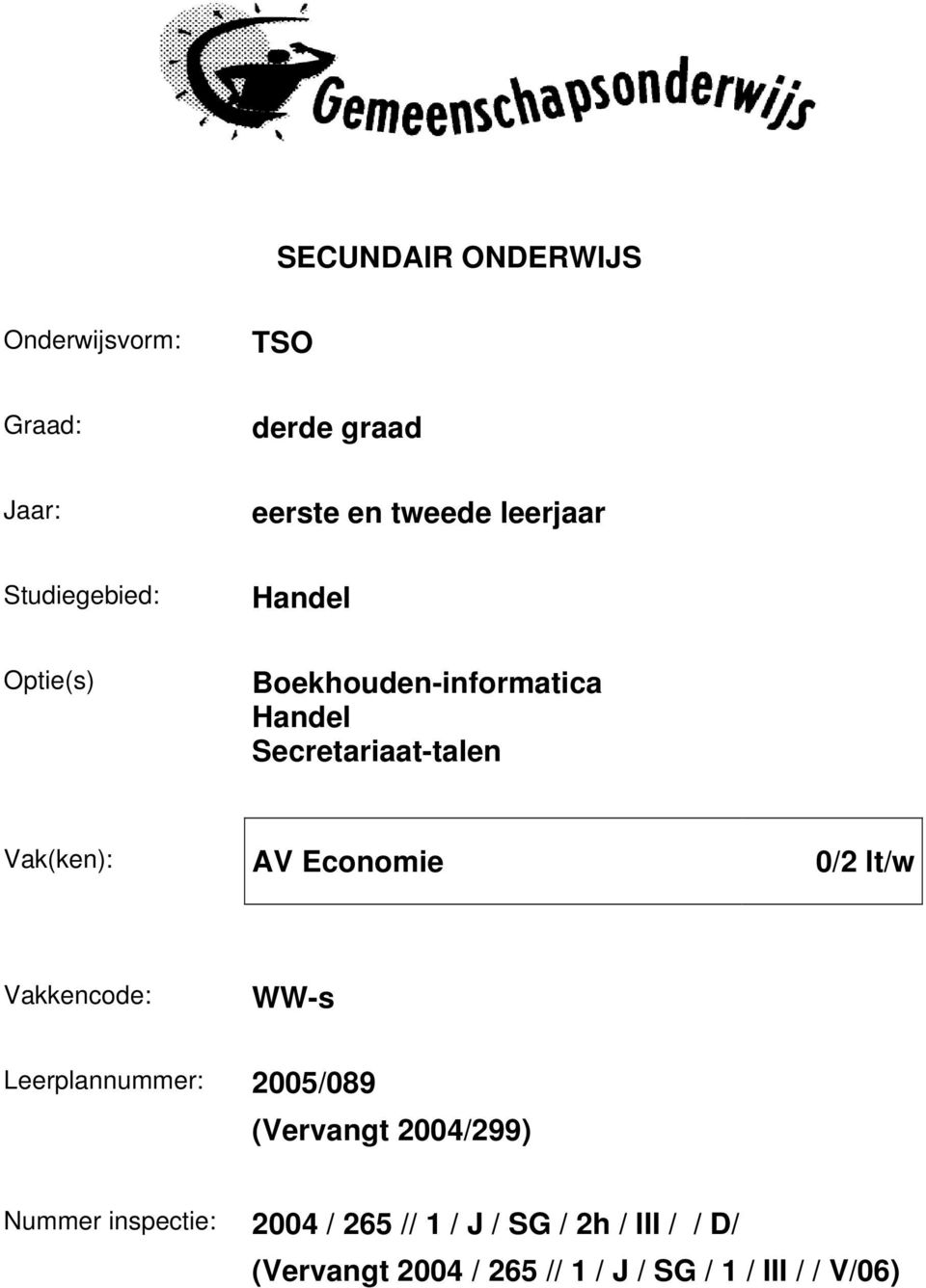 Economie 0/2 lt/w Vakkencode: WW-s Leerplannummer: 2005/089 (Vervangt 2004/299) Nummer