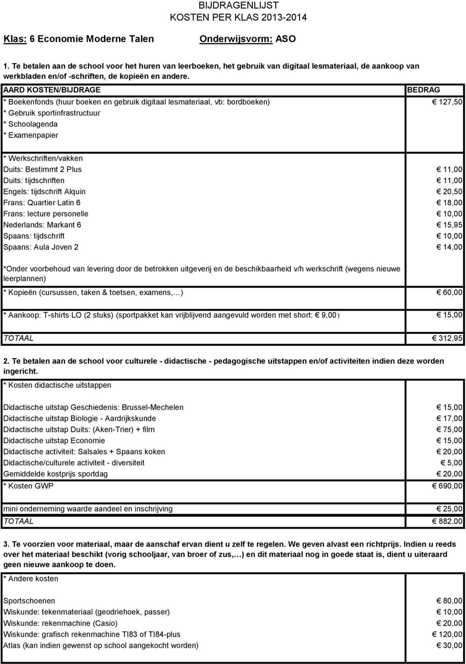 Duits: (Aken-Trier) + film 75,00 Didactische uitstap Economie 15,00 Didactische activiteit: Salsales +