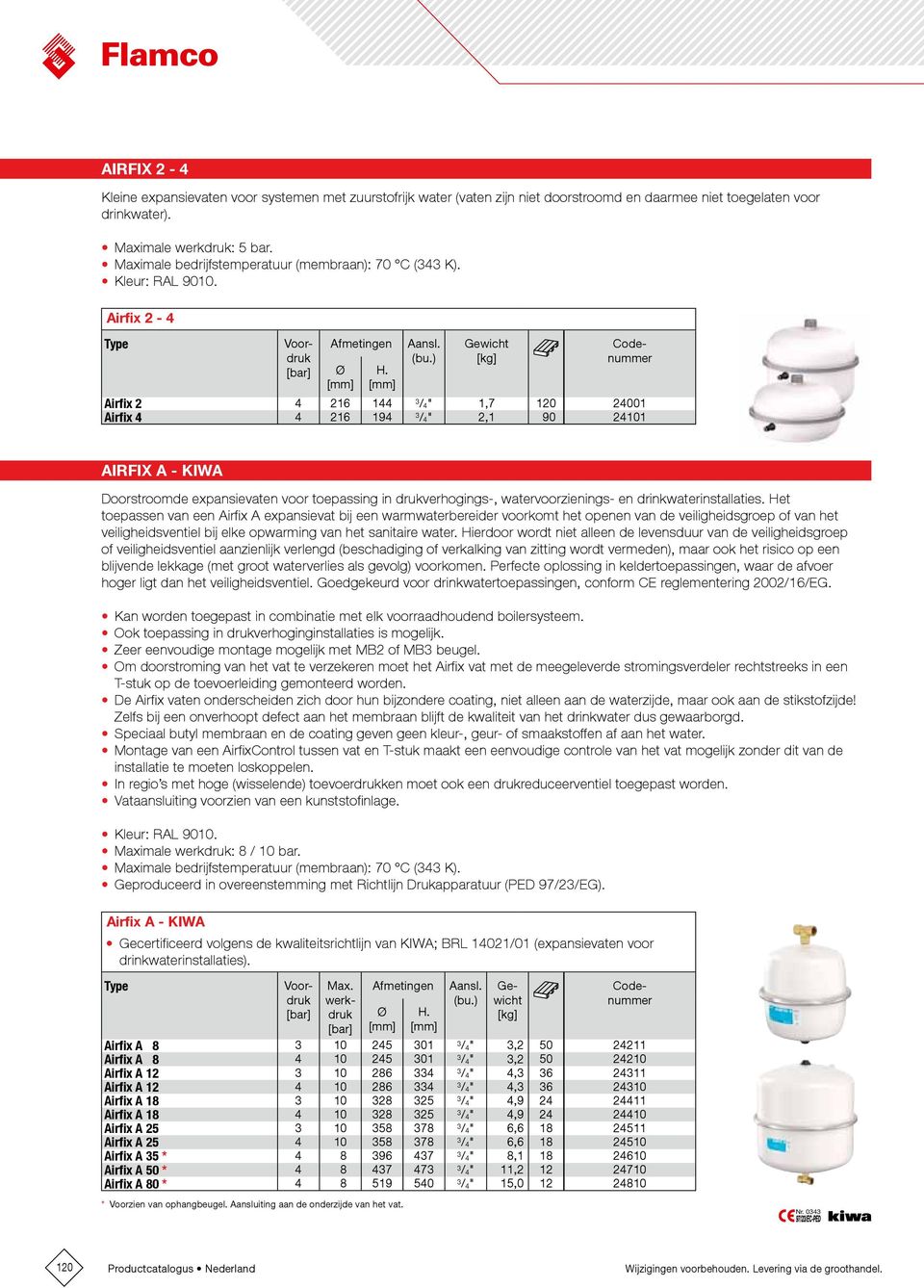 ) Gewicht Airfix 2 4 216 144 3 / 4" 1,7 120 24001 Airfix 4 4 216 194 3 / 4" 2,1 90 24101 AIRFIX A - KIWA Doorstroomde expansievaten voor toepassing in drukverhogings-, watervoorzienings- en