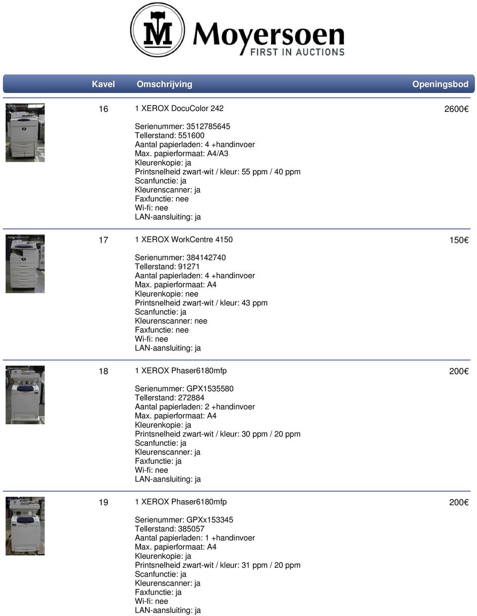 papierformaat: A4 Kleurenkopie: nee Printsnelheid zwart-wit / kleur: 43 ppm Kleurenscanner: nee Faxfunctie: nee 18 1 XEROX Phaser6180mfp 200 Serienummer: GPX1535580 Tellerstand: 272884 Aantal