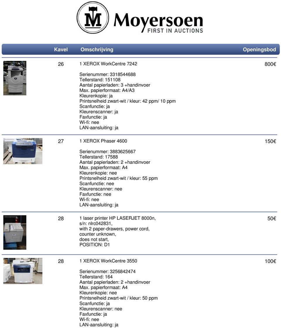 papierformaat: A4 Kleurenkopie: nee Printsnelheid zwart-wit / kleur: 55 ppm Scanfunctie: nee Kleurenscanner: nee Faxfunctie: nee 28 1 laser printer HP LASERJET 8000n, s/n: nlrc042831, with 2