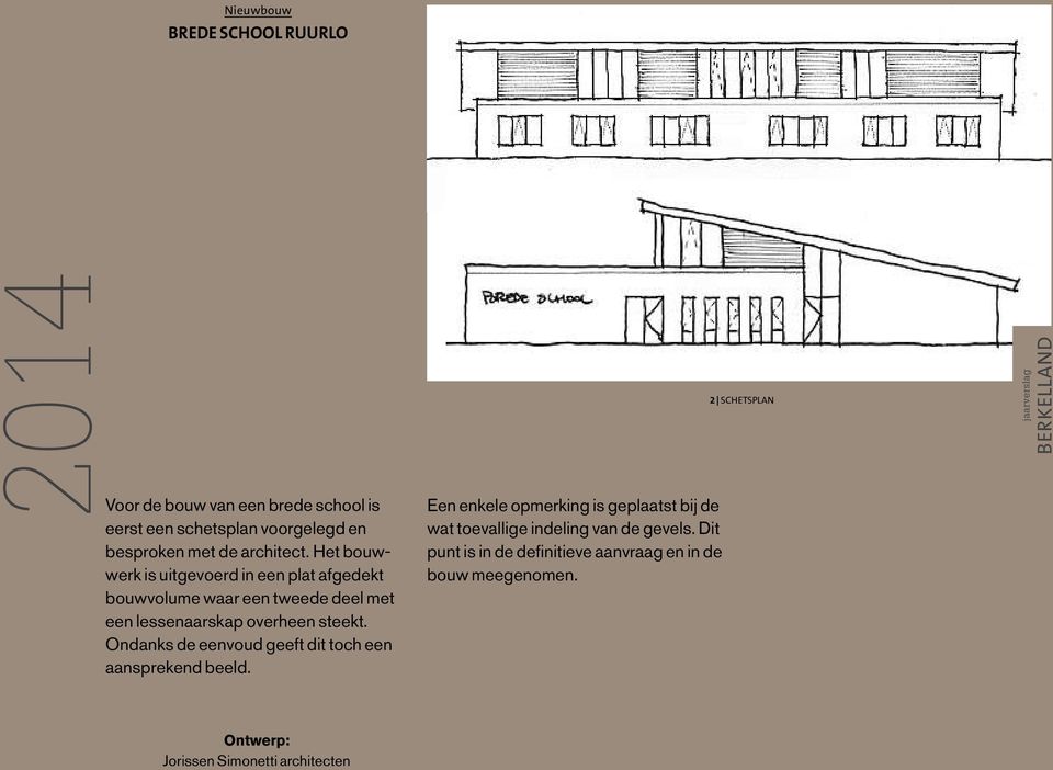 Het bouwwerk is uitgevoerd in een plat afgedekt bouwvolume waar een tweede deel met een lessenaarskap overheen steekt.